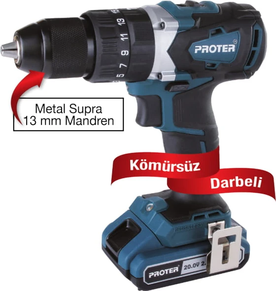Proter pst 720 bl kömürsüz darbeli şarjlı matkap 13 mm -  20 . 0 v - 2 . 0 ah/li-on ürün görseli 1