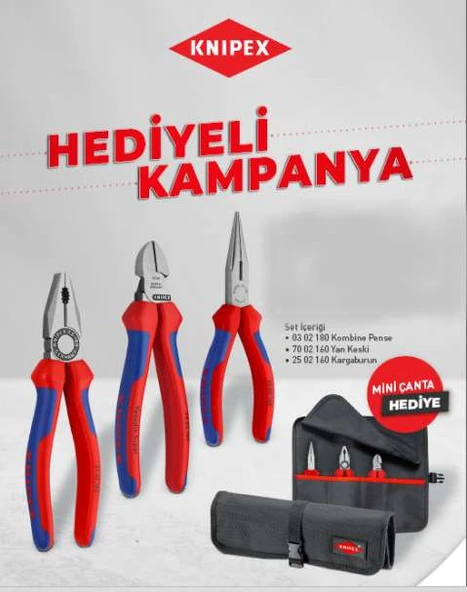 Knipex 001956 yan keski pense kargaburun seti çanta hediyeli ürün görseli 1