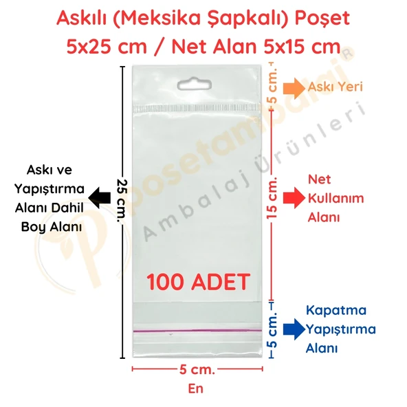 5x25 cm (Kapalı Hali 5x15 cm) 100 Adet Askılı Poşet - Meksika Şapkalı ürün görseli 1