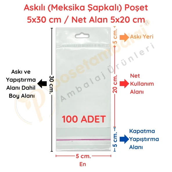 5x30 cm (Kapalı Hali 5x20 cm) 100 Adet Askılı Poşet - Meksika Şapkalı ürün görseli 1