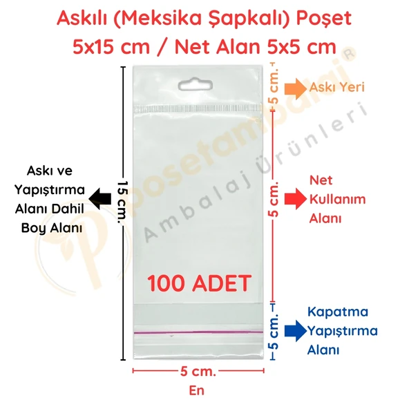 5x15 cm (Kapalı Hali 5x5 cm) 100 Adet Askılı Poşet - Meksika Şapkalı ürün görseli 1
