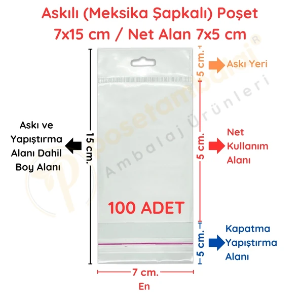 7x15 cm (Kapalı Hali 7x5 cm) 100 Adet Askılı Poşet - Meksika Şapkalı ürün görseli 1