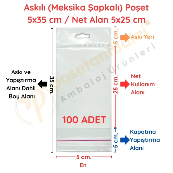 5x35 cm (Kapalı Hali 5x25 cm) 100 Adet Askılı Poşet - Meksika Şapkalı ürün görseli 1