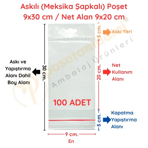 9x30 cm (Kapalı Hali 9x20 cm) 100 Adet Askılı Poşet - Meksika Şapkalı ürün görseli 1