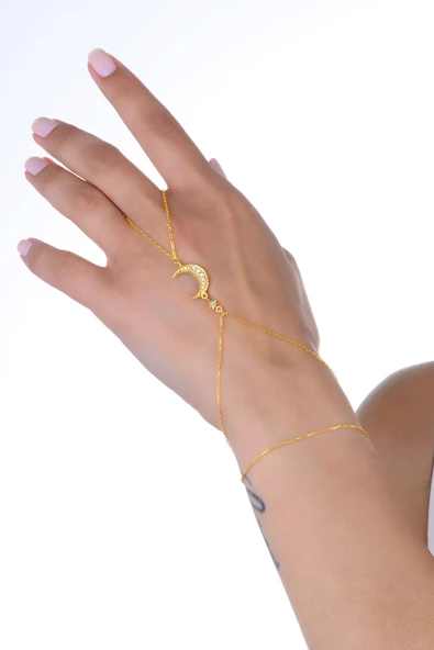 Gümüş altın yaldızlı turkuaz ve zirkon taşlı ay yıldız şahmeran SGTL13010GOLD ürün görseli 1