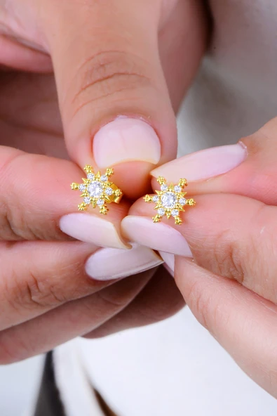 Gümüş altın yaldızlı zirkon taşlı kar kristali küpe SGTL12998GOLD ürün görseli 1