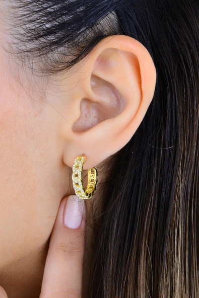 Gümüş altın yaldızlı zirkon taşlı zincir modeli halka küpe SGTL11484GOLD ürün görseli 1
