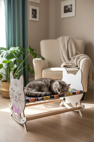 Sevimli Uykucu Kedi Tasarımlı Sallanan Kedi Beşiği ürün görseli 1