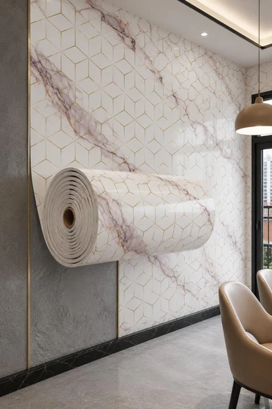 60cm x 3 Metre Tek Parça Yapışkanlı Rulo Mermer Desenli Duvar Paneli Kağıdı Silinebilir CF-1008-RİVO ürün görseli 1