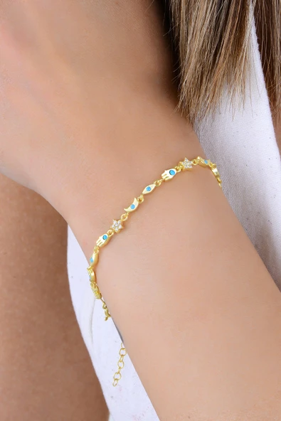 Gümüş altın yaldızlı firuze ve zirkon taşlı şans ve bereket bilekliği SGTL12939GOLD ürün görseli 1
