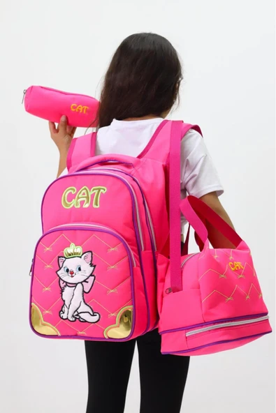 Kız Çocuk CAT Temalı 3'li Okul ve Beslenme Çantası Seti – Pembe & Sevimli Kedi Desenli ürün görseli 1