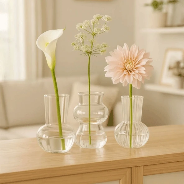 İskandinav Vazo Seti, Modern Minimal Dekoratif 3'lü Set, Isıya Dayanıklı Borosilikat Cam ürün görseli 1