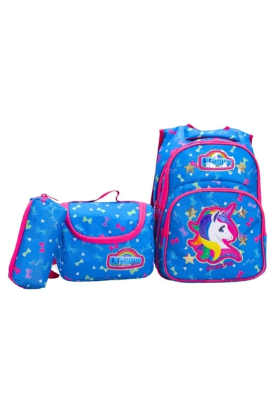 Renkli Unicorn Temalı Kız Çocuk Okul Çanta Seti – 3'lü Set (Sırt Çantası Termal Beslenme Kalemlik) ürün görseli 1