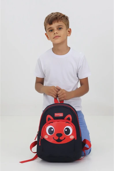 Tilki Figürlü Siyah Kırmızı Anaokulu Kreş Çantası 4 Bölmeli Erkek Çocuk Sırt Çantası ürün görseli 1