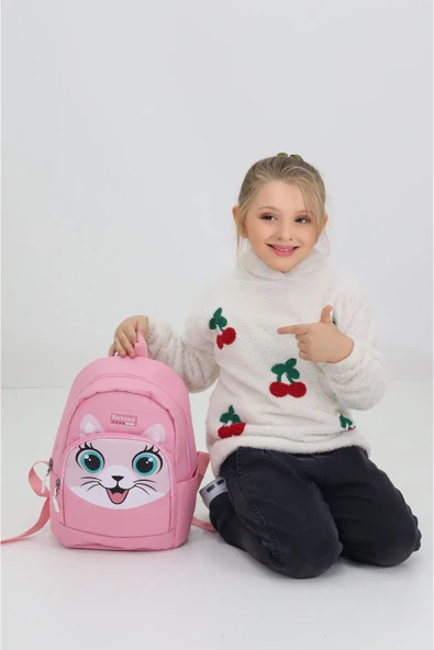 Sevimli Kedi Figürlü Pembe Anaokulu Kreş Çantası 4 Bölmeli Kız Çocuk Sırt Çantası ürün görseli 1