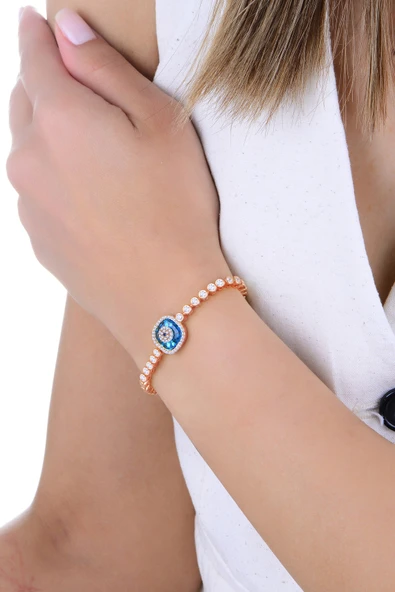 Gümüş rose zirkon taşlı kare nazar boncuklu asansörlü cam göz su yolu bileklik SGTL12946ROSE ürün görseli 1