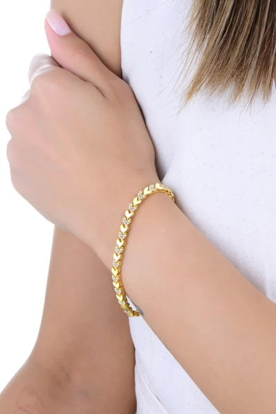 Gümüş altın yaldızlı zirkon taşlı yaprak yolu bileklik SGTL12899GOLD ürün görseli 1