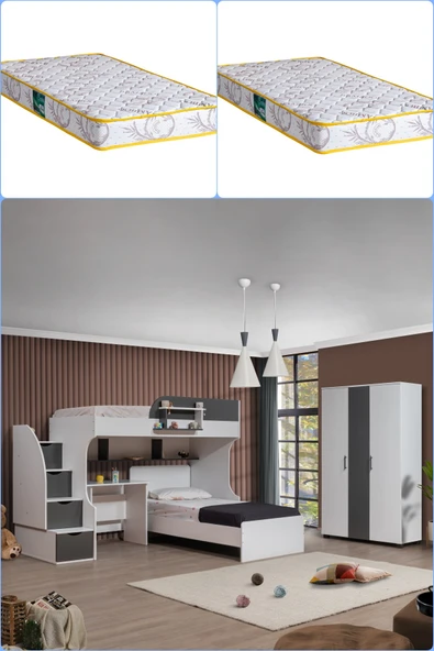 Ranza, Aura Ranza Karyola Masa 3 Kapaklı Dolap + 2 Comfort Yatak  Beyaz - Gri ürün görseli 1