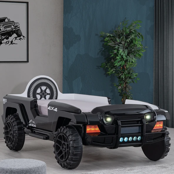 Arabalı Yatak, Jeep Lüx Ledli Arabalı Yatak - Kırmızı  Siyah ürün görseli 1