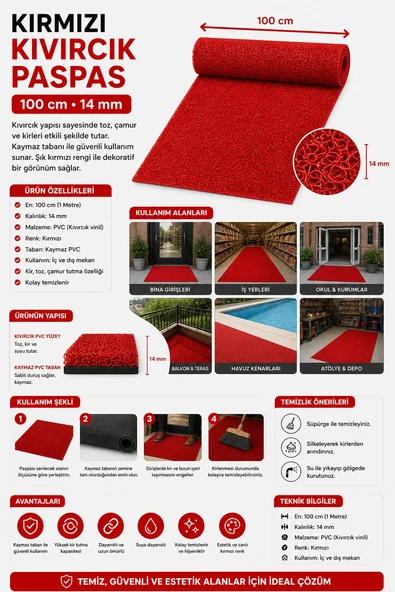 Kırmızı Kıvırcık Paspas 100 cm 14 mm 1 Metre ürün görseli 1