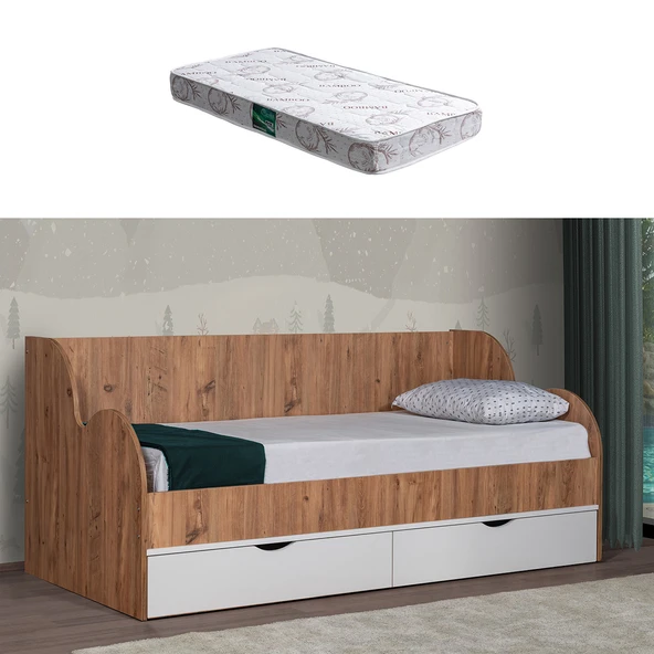 Karyola, Okyanus Çekmeceli Yatak 90x200 1 Adet Comfort Yatak  Ceviz-Beyaz 90 x 200 ürün görseli 1