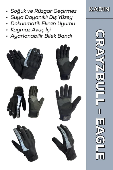Crayzbull Eagle Gri Suya ve Rüzgara Dayanıklı Kadın Motosiklet Eldiveni + BUFF HEDİYELİ ürün görseli 1