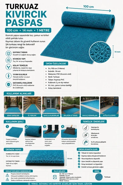 Turkuaz Kıvırcık Paspas 100 cm 14 mm 1 Metre ürün görseli 1