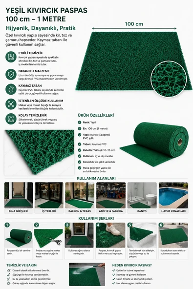 Yeşil Kıvırcık Paspas 100 cm 1 metre ürün görseli 1
