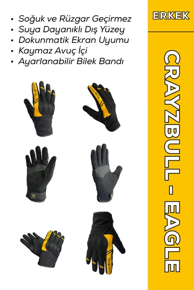 Crazybull Eagle Sarı Suya ve Rüzgara Dayanıklı Erkek Motosiklet Eldiveni + BUFF HEDİYELİ ürün görseli 1
