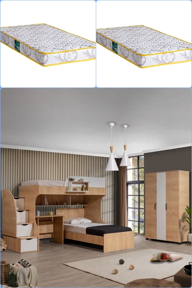 Ranza, Aura Ranza Karyola Masa 3 Kapaklı Dolap + 2 Comfort Yatak  Ceviz - Beyaz ürün görseli 1