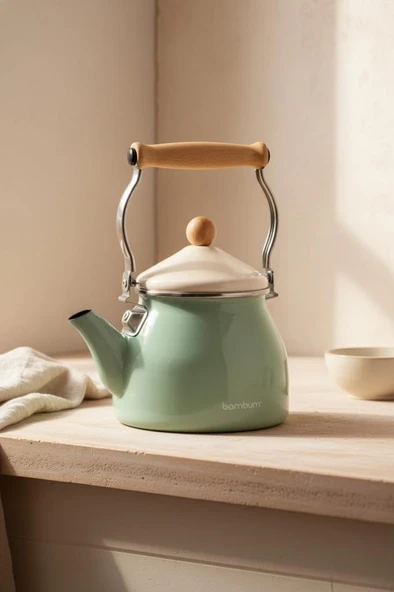 Bambum Nostalji - Ahşap Saplı Kettle Demlik Açık Yeşil ürün görseli 1