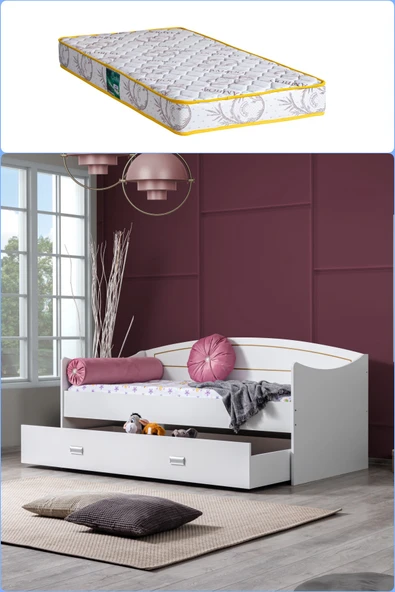 Yavrulu Karyola, Akasya Yavrulu Yatak - Ceviz +1 Adet Comfort Yatak  Beyaz 90 x 200 ürün görseli 1