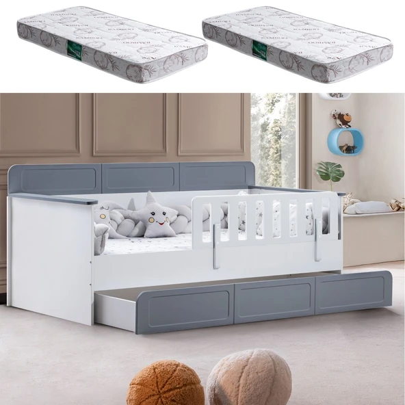 Yavrulu Karyola, Mira Yavrulu Montessori Karyola  + 2 Adet Comfort Yatak  Gri 90 x 190 ürün görseli 1