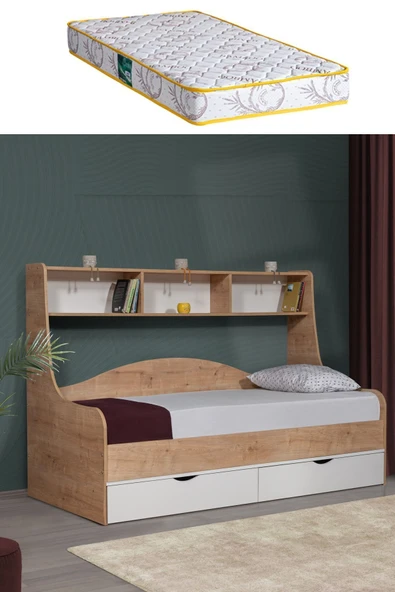 Karyola, Hera Çekmeceli Karyola 90x200 - 1 Adet Comfort Yatak  Ceviz-Beyaz 90 x 200 ürün görseli 1