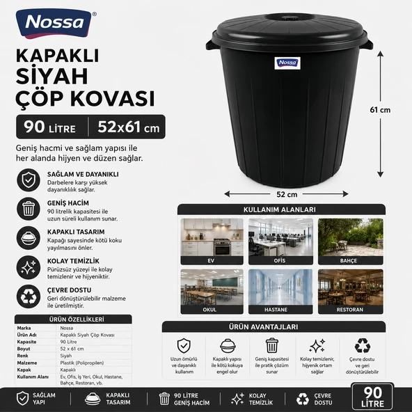Kapaklı Siyah Çöp Kovası 90 Lt 52x61 cm ürün görseli 1