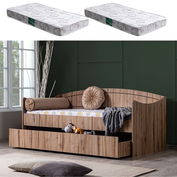 Yavrulu Karyola, Akasya Yavrulu Yatak - Beyaz 2 Adet Comfort Yatak  Kahverengi 90 x 190 ürün görseli 1