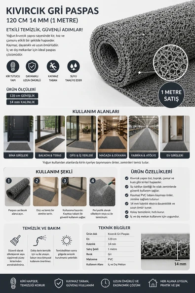 Kıvırcık Gri Paspas 120 Cm 14 mm (1 metre) ürün görseli 1