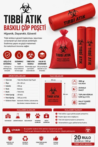 Tıbbi Atık Baskılı Çöp Poşeti 65x80 cm 300 gr 20 Rulo ürün görseli 1