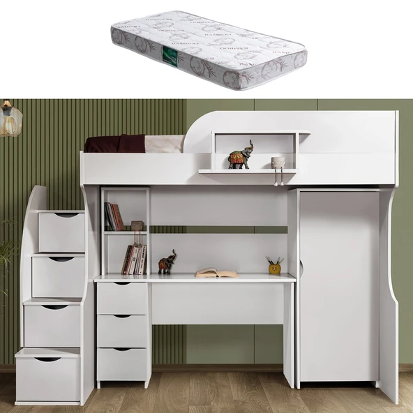 Ranza, Litera Ranza Dolap Çalışma Masası + 1 Adet Comfort Yatak  Beyaz ürün görseli 1