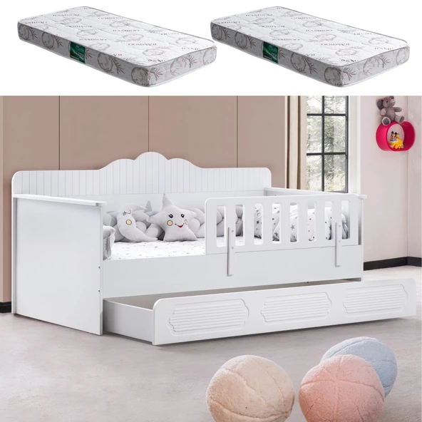 Yavrulu Karyola, Flower Yavrulu Montessori Karyola - Beyaz + 2 Adet Comfort Yatak  Beyaz 90 x 190 ürün görseli 1