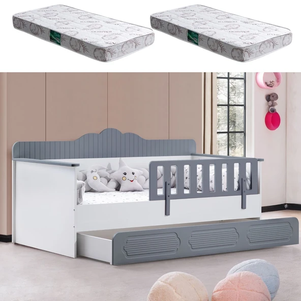 Yavrulu Karyola, Flower Yavrulu Montessori Karyola - Beyaz + 2 Adet Comfort Yatak  Gri 90 x 190 ürün görseli 1