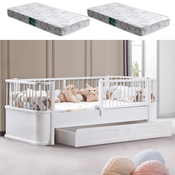 Yavrulu Karyola, Antalya Montessori Yavrulu Yatak - Beyaz + 2 Adet Comfort Yatak  Beyaz 90 x 190 ürün görseli 1