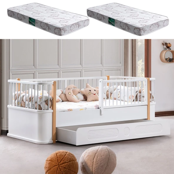 Yavrulu Karyola, Antalya Montessori Yavrulu Yatak - Beyaz + 2 Adet Comfort Yatak  Ceviz 90 x 190 ürün görseli 1