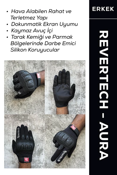 Revertech Aura Siyah - Dokunmatik Ekran Uyumlu Erkek Motosiklet Eldiveni + BUFF HEDİYELİ ürün görseli 1