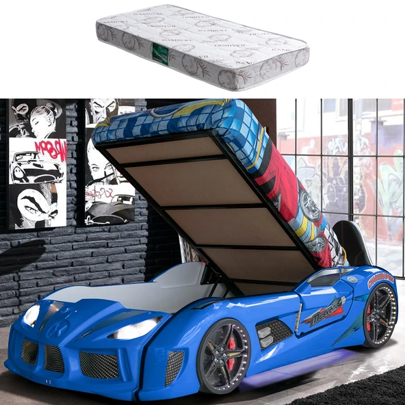 Arabalı Yatak, Audi Bazalı Koltuklu Full Ledli Arabalı Yatak +1 Adet Comfort Yatak  Mavi ürün görseli 1