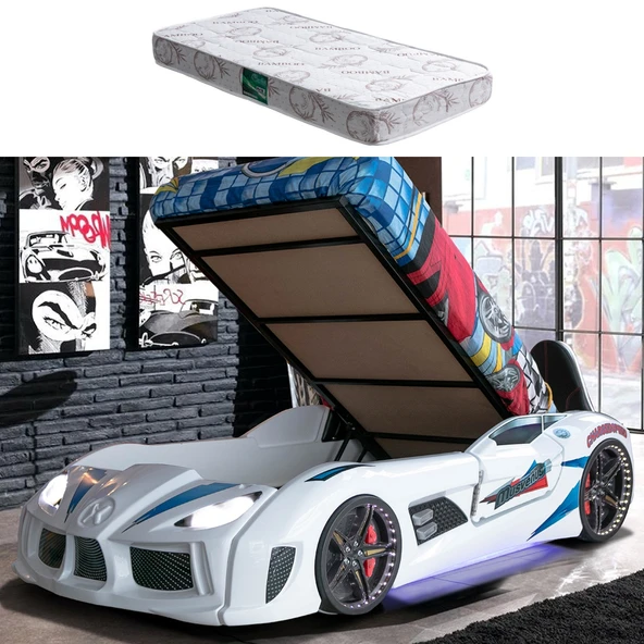Arabalı Yatak, Audi Bazalı Koltuklu Full Ledli Arabalı Yatak +1 Adet Comfort Yatak  Beyaz ürün görseli 1