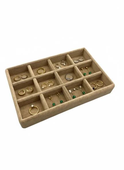Atina Model Süet Kumaş Sütlü Kahve Renk 22/14 Cm12 Bölmeli Takı Sergileme Tablası ürün görseli 1
