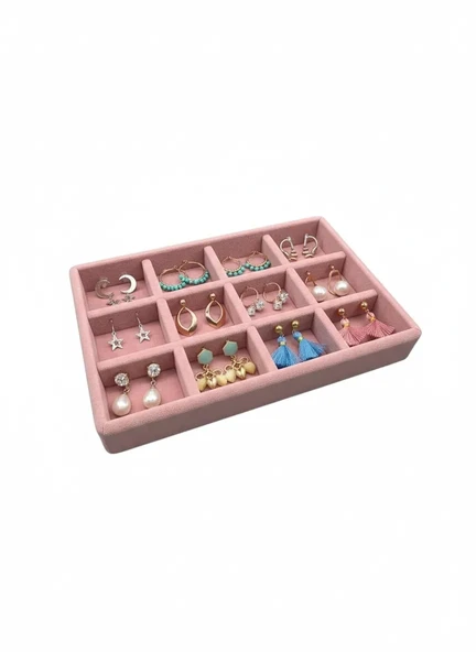 Atina Model Süet Kumaş Pembe Renk 22/14 Cm 12 Bölmeli Takı Sergileme Tablası ürün görseli 1