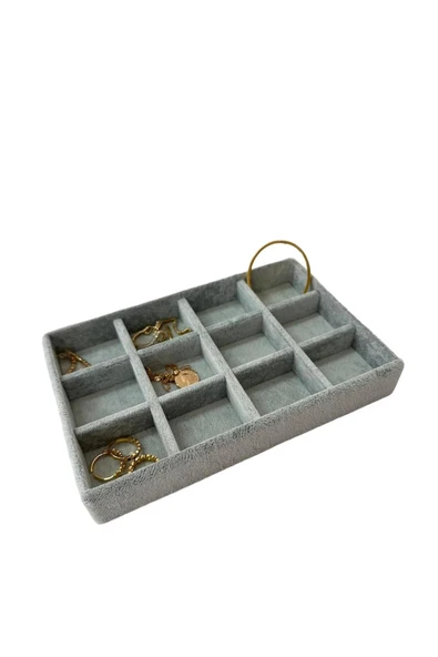 Atina Model Süet Kumaş Gri Renk 22/14 cm 12 Bölmeli Takı Sergileme Çekmece Içi Standı ürün görseli 1
