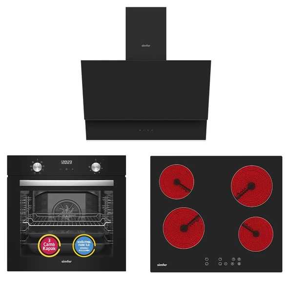 Simfer 9 Fonksiyon QS Siyah Dijital Power Turbo Elektrikli 3'lü Ankastre Set (Fırın + Elektrikli Ocak + Davlumbaz) ürün görseli 1